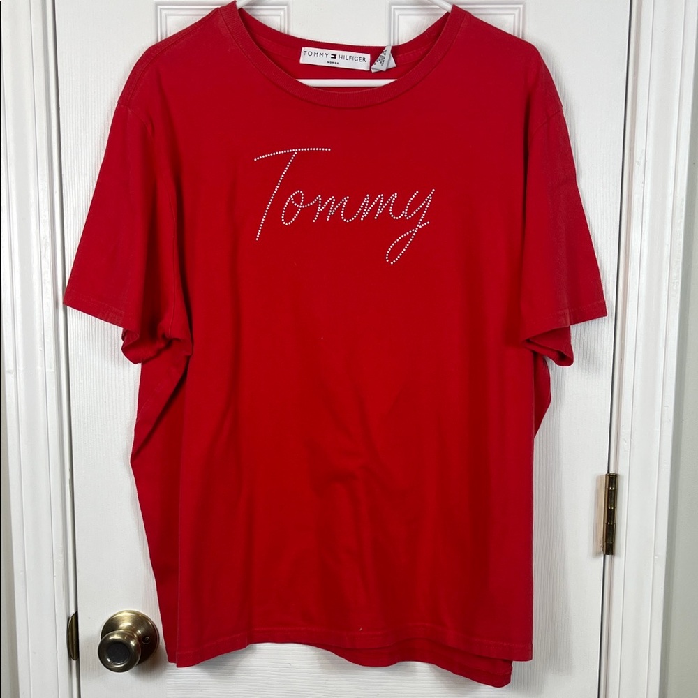 Tommy Hilfiger red short sleeved tee shirt 2X. Beading on front. 100% cotton